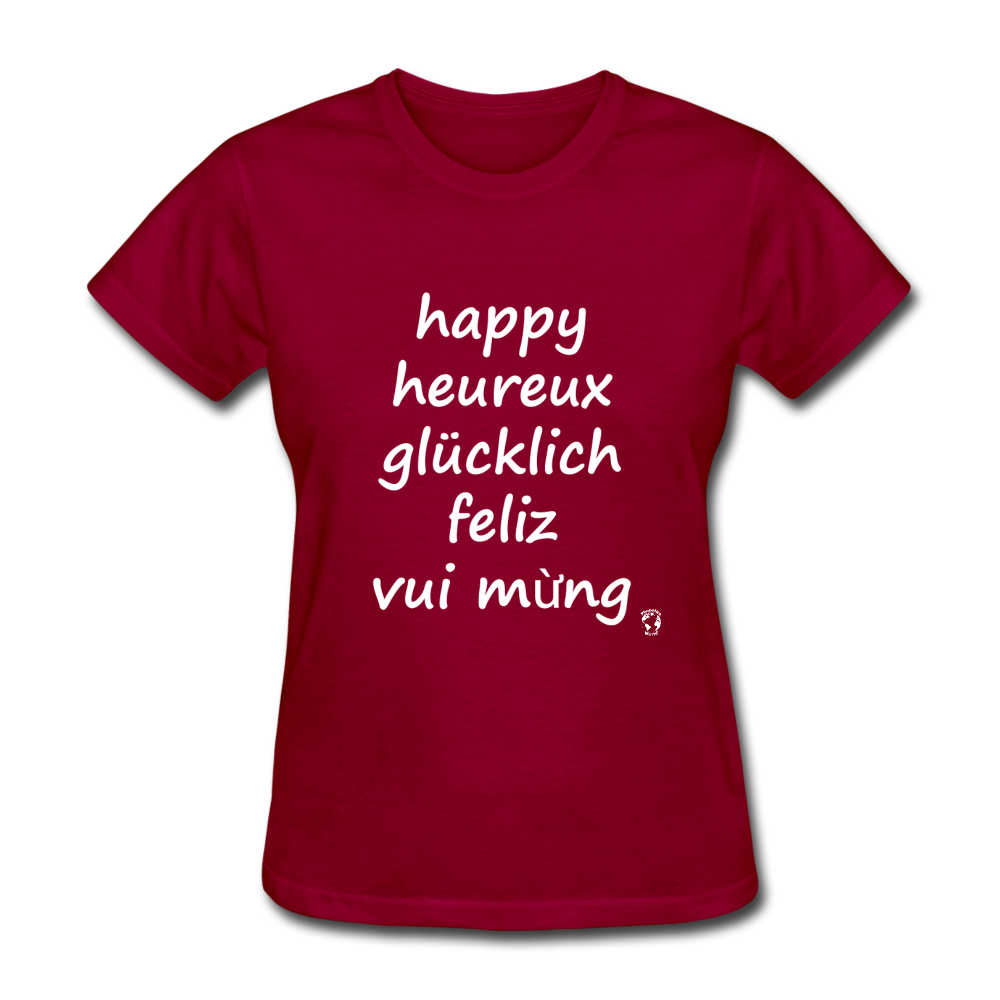 Happy in Five Languages T-Shirt - dark red