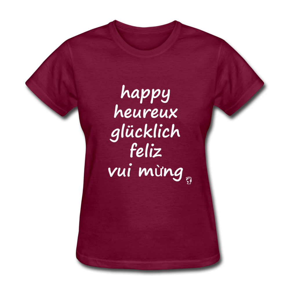 Happy in Five Languages T-Shirt - burgundy