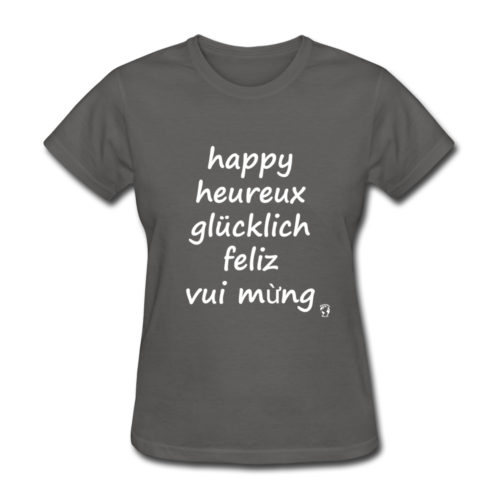 Happy in Five Languages T-Shirt - charcoal