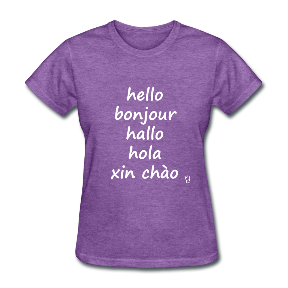 Hello in Five Languages T-Shirt - purple heather